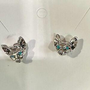 Cat Womens Earrings Silver Post Green Eyes Hairless Cats Kitten heads
